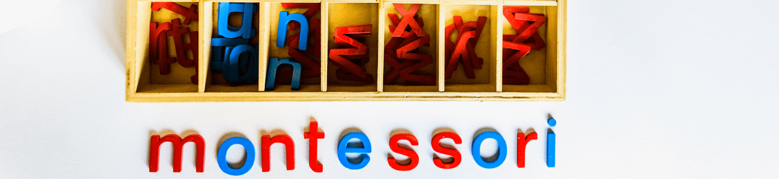 A container housing various letters from the alphabet, with red and blue letters underneath the container spelling out "montessori" on a white backdrop.