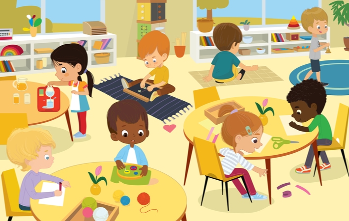Animated depiction of kids involved in a variety of activities in a Montessori classroom