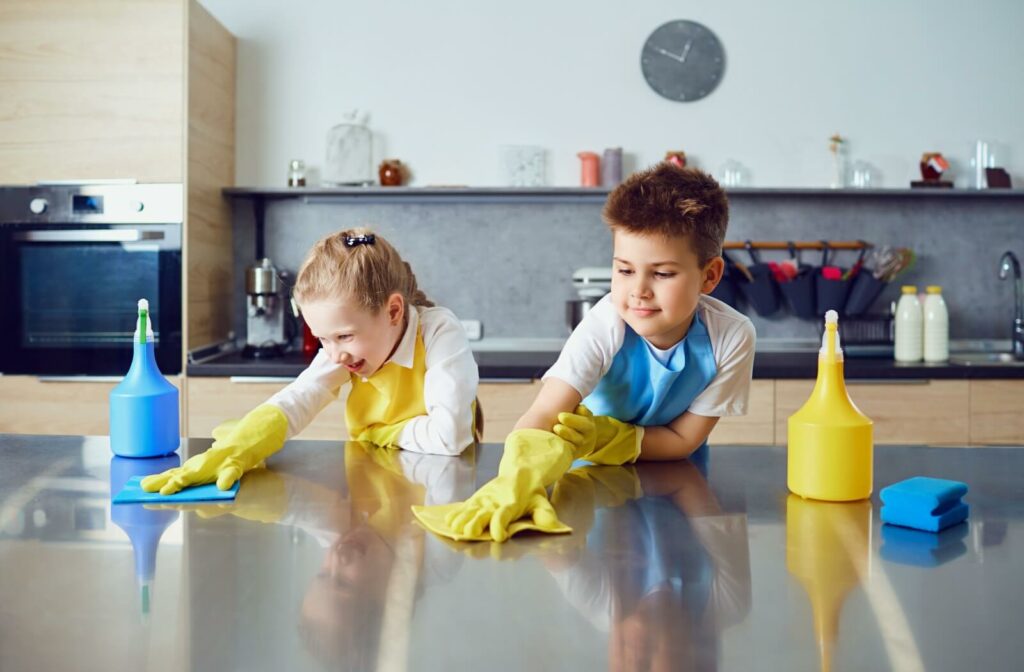 Two children wearing aprons and yellow gloves clean a kitchen counter with cloths and sponges.