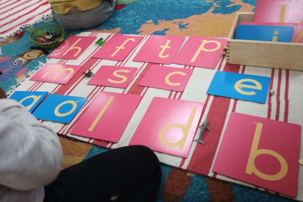 A child works with pink and blue Montessori sandpaper letter cards and small toy animals on a striped rug for a phonics learning activity.