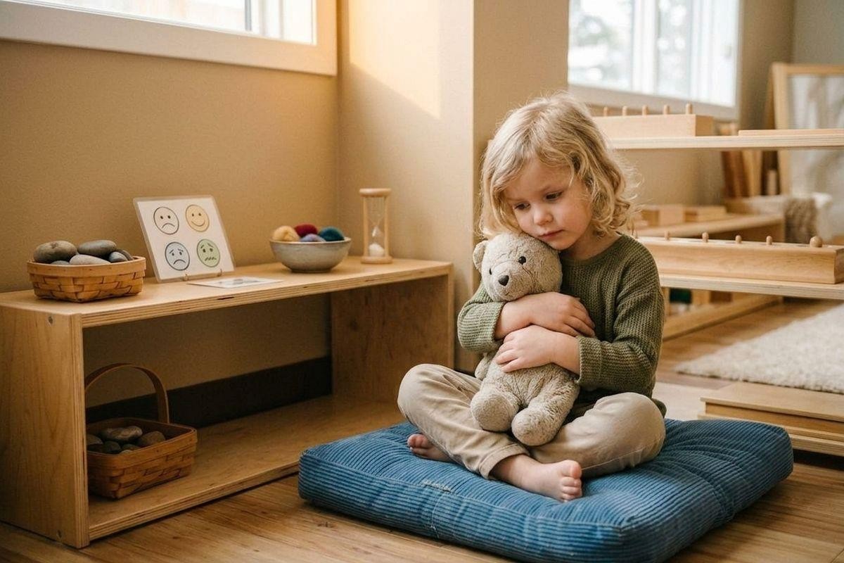 Young child sitting cross-legged on a blue cushion hugging a teddy bear in a Montessori classroom with emotion cards nearby.