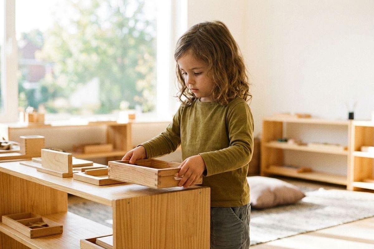 Young child with curly hair playing with wooden Montessori materials on a low wooden table in a bright, natural classroom.